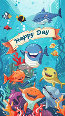 A band of cartoon sea creatures with a "Happy Day" banner, underwater scene for custom text