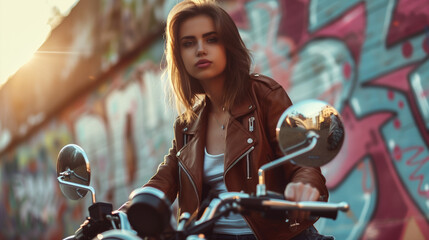 Beautiful girl in leather jacket sitting on a motorbike, urban background with graffiti