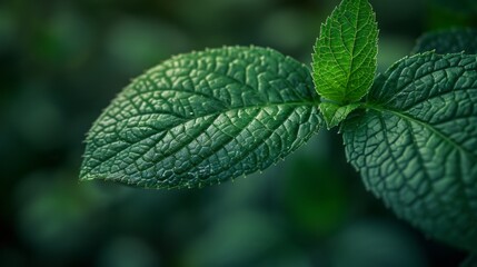 Close up of fresh mint leaf , green background - obrazy, fototapety, plakaty