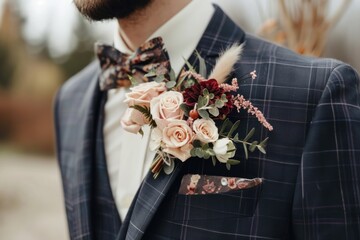 Groom in a fashionable modern suit with a boutonniere close-up - obrazy, fototapety, plakaty