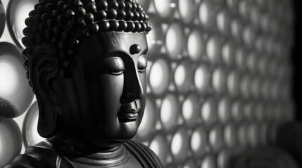A statue of a Buddha with a serene expression. The statue is surrounded by a black and white background