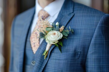 Groom in a fashionable modern suit with a boutonniere close-up - obrazy, fototapety, plakaty