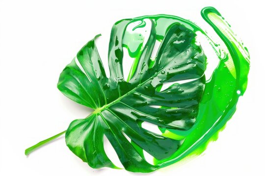 Green monstera leaf in liquid green paint Isolated on solid white background