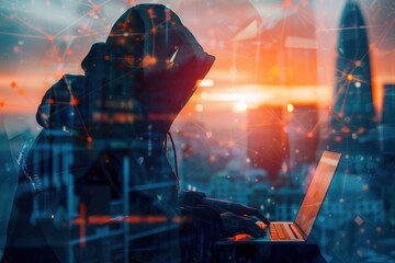 Hacker with laptop using laptop at desk on abstract concrete city and sunset polygonal background