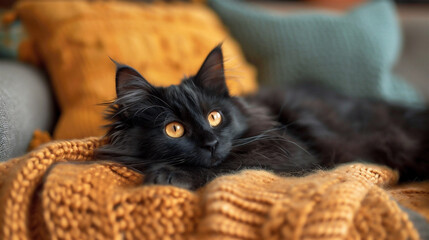 A beautiful fluffy black cat with orange eyes lies on a knitted orange blanket. High quality photo