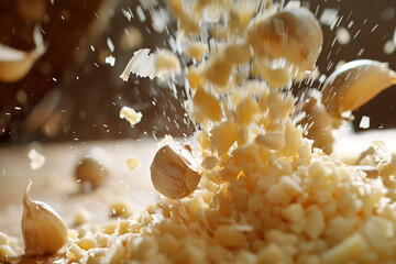 A dreamy close-up of garlic cloves being minced into a fragrant paste, their essence captured in a burst of culinary creativity. - obrazy, fototapety, plakaty