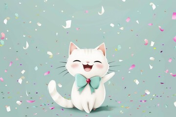 happy cat with a bow on a light blue background with confetti