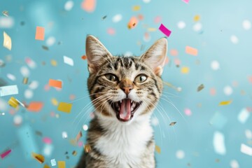 Fototapeta na wymiar happy cat with a bow on a light blue background with confetti