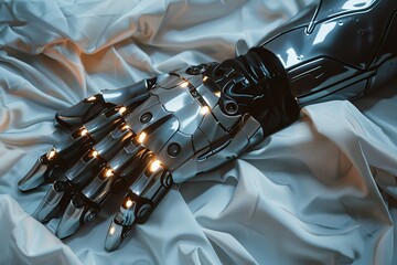 Intricately designed robotic hand resting on a crumpled white fabric, illuminated by soft lighting
