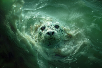 Otarie dans l'eau entour&eacute;e de plastique et de pollution