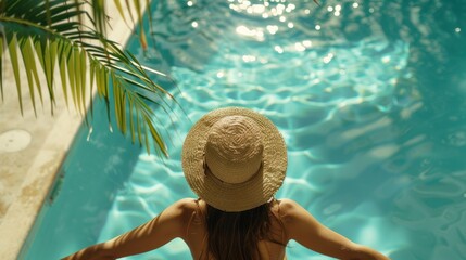 A woman enjoys a leisurely summer day relaxing and lounging by a luxurious swimming pool - obrazy, fototapety, plakaty