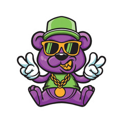 Cute cartoon bear wearing a cap, fashionable glasses and a gold chain. vector illustration on white background