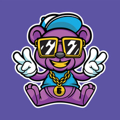 Cute cartoon bear wearing a cap, fashionable glasses and a gold chain. vector illustration on blue background