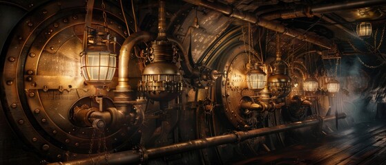 Fototapeta na wymiar Steampunk submarine interior, Victorian elegance, gears and pipes, dimly lit by oil lamps
