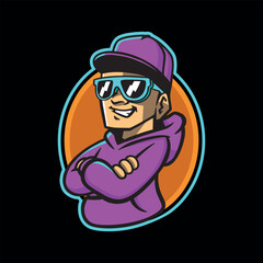 Cute cartoon guy in a cap, fashionable glasses and a gold chain. vector illustration on black background