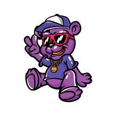 Cute cartoon bear wearing a cap, fashionable glasses and a gold chain. vector illustration