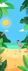 Children's illustration, flaimngo on a tropical island