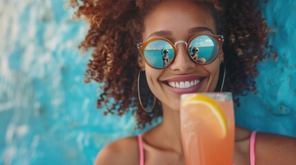 A joyful woman in a bikini and sunglasses savors a cocktail. - obrazy, fototapety, plakaty