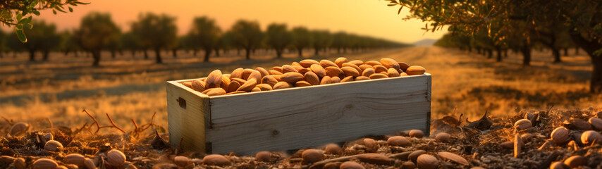Almond nuts harvested in a wooden box in a plantation with sunset. Natural organic fruit abundance. Agriculture, healthy and natural food concept. Horizontal composition, banner.