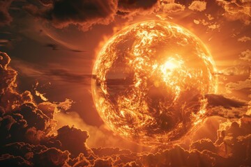 The sun, a giant ball of fire in the sky, is actually a magical entity in this fantasy world - obrazy, fototapety, plakaty