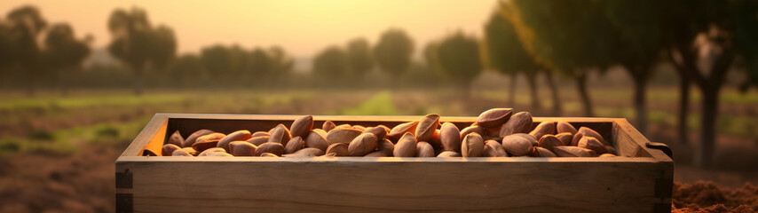 Brazil nuts harvested in a wooden box in a plantation with sunset. Natural organic fruit abundance. Agriculture, healthy and natural food concept. Horizontal composition, banner. - 773307559