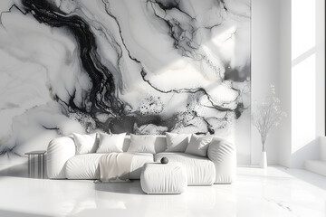 Modern contemporary living room interior in black white colors with a marble wall. Interior design...