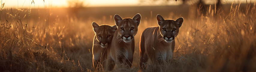 Puma family in the savanna with setting sun shining. Group of wild animals in nature. - obrazy, fototapety, plakaty
