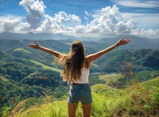 Freedom girl with raised wide open hands up on a background of mountains.
