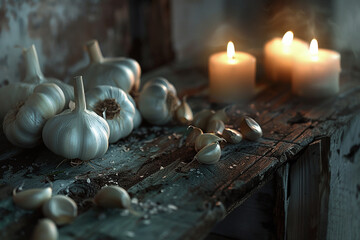 Fototapeta na wymiar A dreamy still life composition featuring garlic bulbs arranged on a weathered wooden table, bathed in the soft glow of candlelight.
