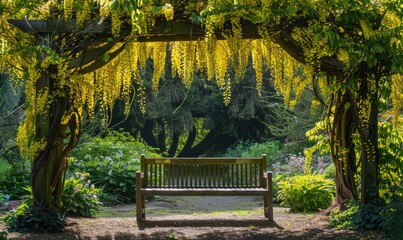 Laburnum branches arching over a garden bench
