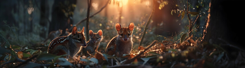 Quoll family in the forest with setting sun shining. Group of wild animals in nature. Horizontal,...