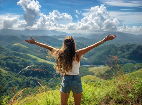 Freedom girl with raised wide open hands up on a background of mountains.
