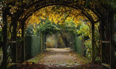 Laburnum tree branches forming an archway over a garden gate - obrazy, fototapety, plakaty