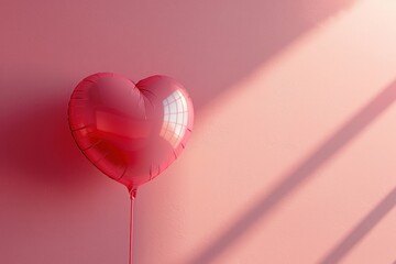 A heart-shaped pink balloon floating against a pink backdrop - obrazy, fototapety, plakaty