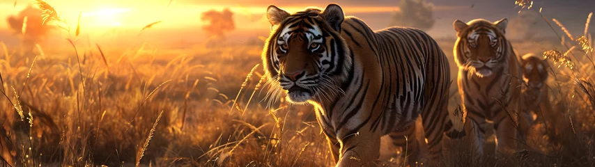 Foto op Plexiglas Tiger family in the savanna with setting sun shining. Group of wild animals in nature. Horizontal, banner. © linda_vostrovska