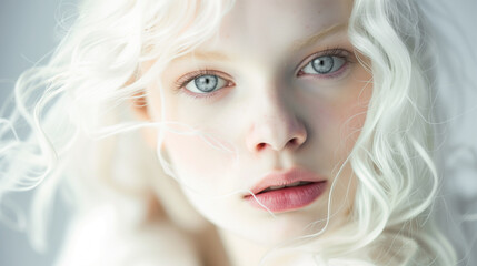 Beauty albino woman facing with white hair and blue eyes looking at the camera