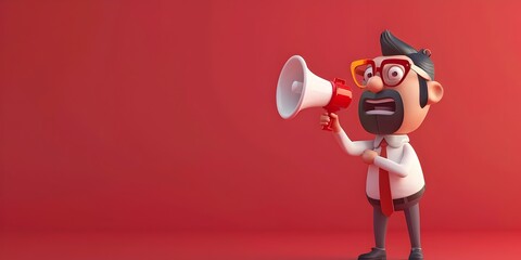 Authoritative Boss Character Shouting Through Megaphone with Copy Space on Vibrant Background - obrazy, fototapety, plakaty