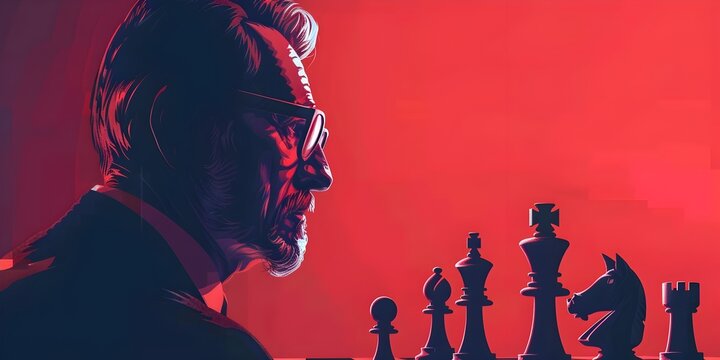 Chess Master Boss Strategizing Powerful Moves on Isolated Red Background
