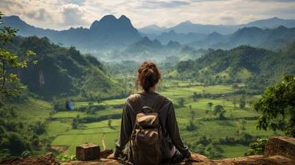 Young solo traveler watching over the valley - obrazy, fototapety, plakaty