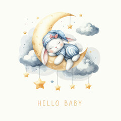 Cute baby shower watercolor invitation card with sleeping bunny on moon and cloud.