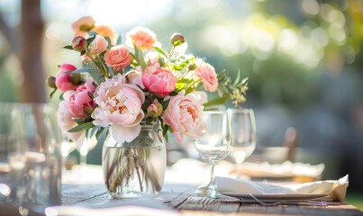 Peonies arranged in a mason jar vase for a rustic chic centerpiece - Powered by Adobe