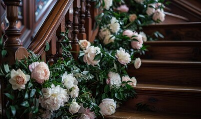 Peonies cascading down a staircase in a bridal photoshoot