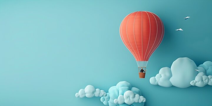 Boss Character in Hot Air Balloon Rising Above Challenges Floating Above the Firm with Copy Space
