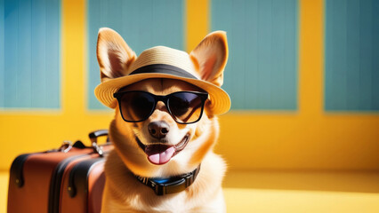 Happy Dog in sunglasses with luggage and suitcase waiting trip on colorful sunny background. Travel with pet Concept. Transportation of animals for holiday or emigration