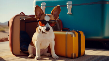 Happy Dog in sunglasses with luggage and suitcase waiting trip on colorful sunny background. Travel with pet Concept. Transportation of animals for holiday or emigration