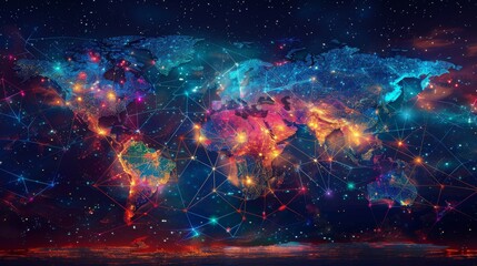 A digital composite of a world map connected by glowing lines, portraying the idea of a networked, globalized planet - obrazy, fototapety, plakaty