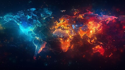 A digital composite of a world map connected by glowing lines, portraying the idea of a networked, globalized planet