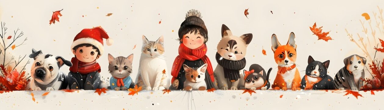 Delightful Holiday Gathering with Beloved Pets and Family in Cozy Illustrated Scene