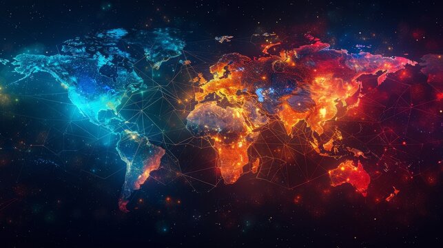 A digital composite of a world map connected by glowing lines, portraying the idea of a networked, globalized planet