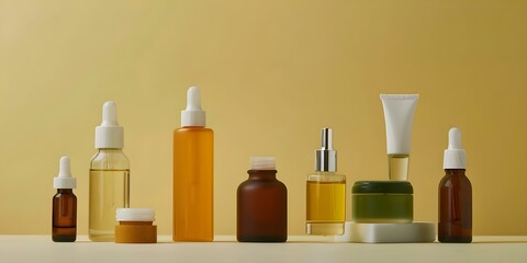 Assortment of Skincare Products Featuring Niacinamide Serum, Aloe Vera Lotion, Copper Peptides Serum, and Turmeric Extract Cream. Concept Skincare routine, Niacinamide benefits, Aloe Vera benefits